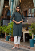 Juniper Women's Bottle Green Striped Printed Cotton Kurta With Button Detail