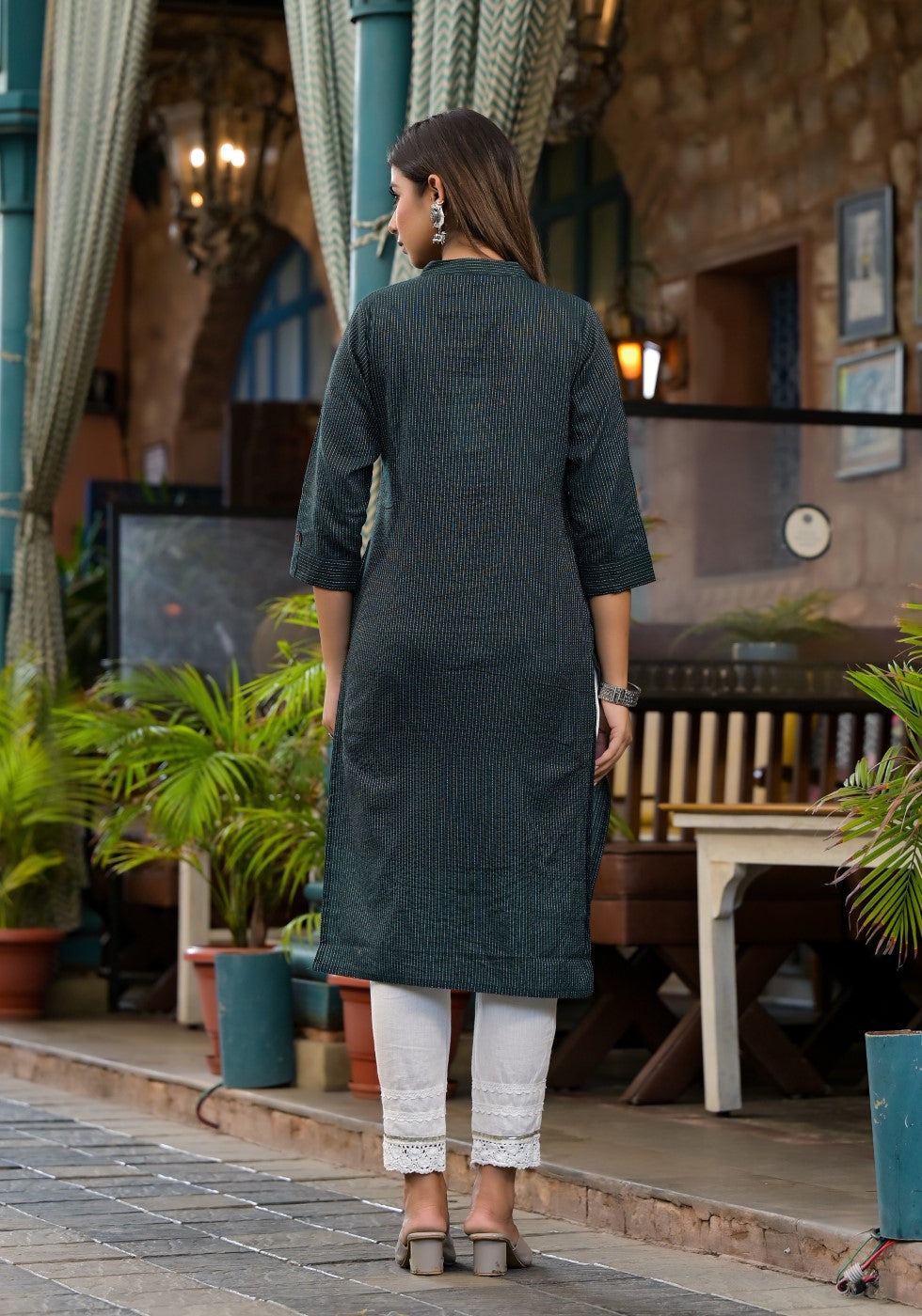 Juniper Women's Bottle Green Striped Printed Cotton Kurta With Button Detail