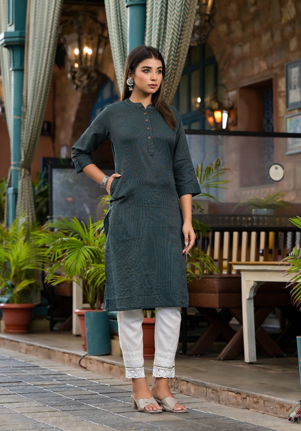 Juniper Women's Bottle Green Striped Printed Cotton Kurta With Button Detail