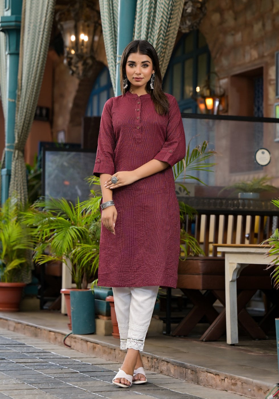 Juniper Women's Maroon Striped Printed Cotton Kurta With Button Detail