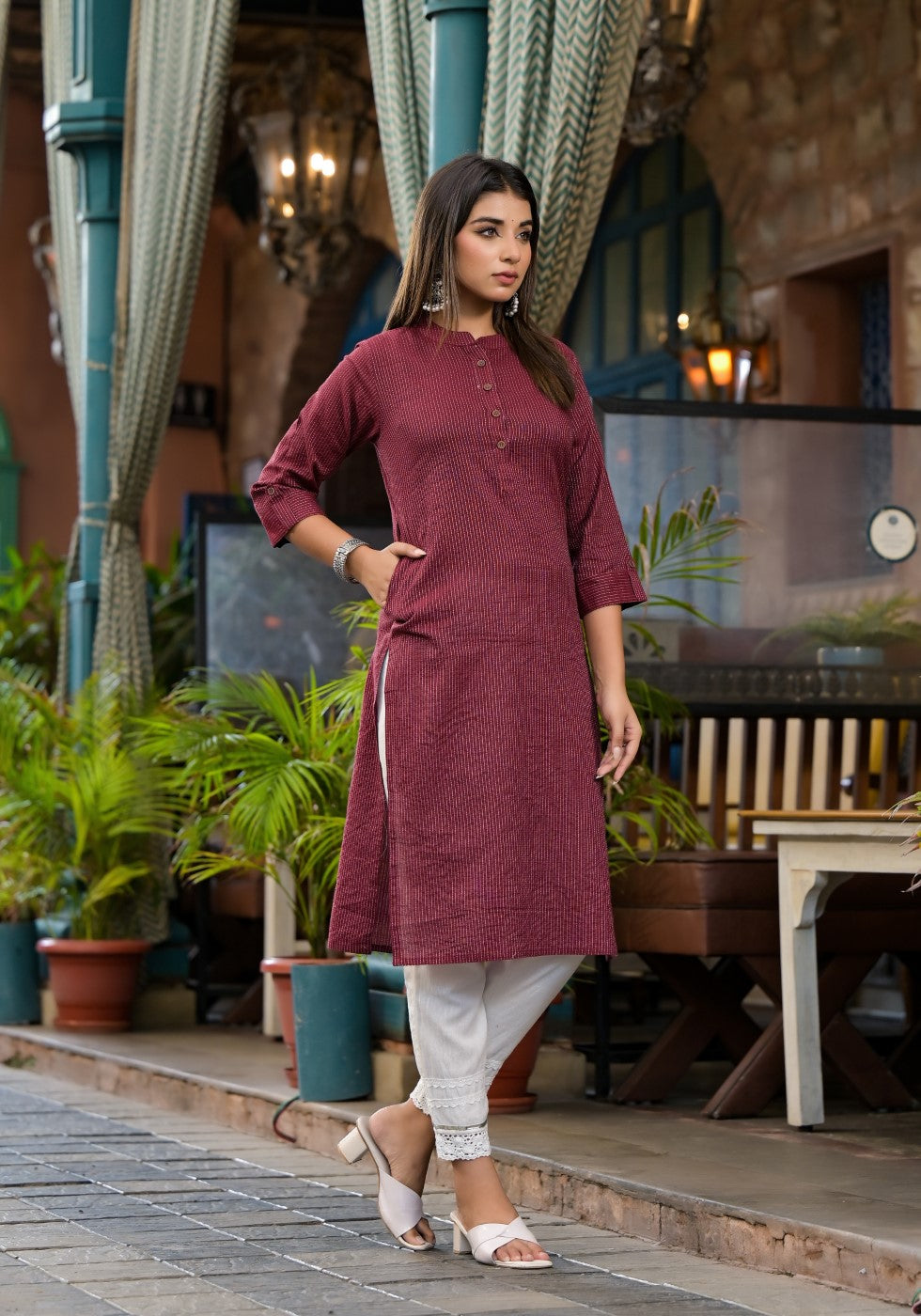 Juniper Women's Maroon Striped Printed Cotton Kurta With Button Detail