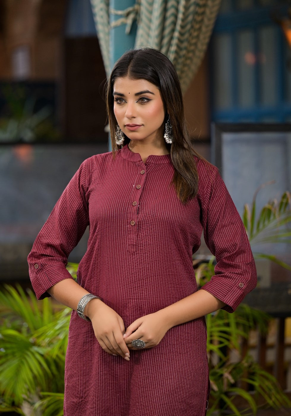 Juniper Women's Maroon Striped Printed Cotton Kurta With Button Detail