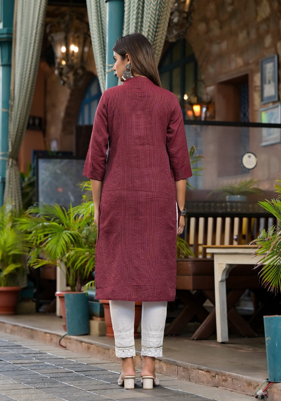 Juniper Women's Maroon Striped Printed Cotton Kurta With Button Detail