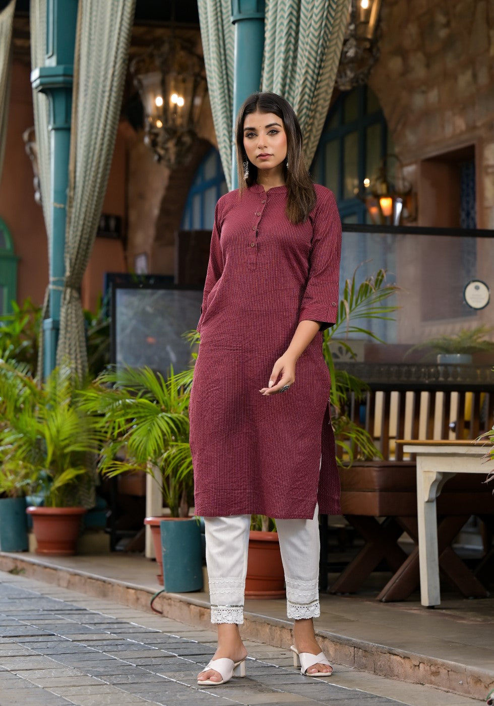 Juniper Women's Maroon Striped Printed Cotton Kurta With Button Detail