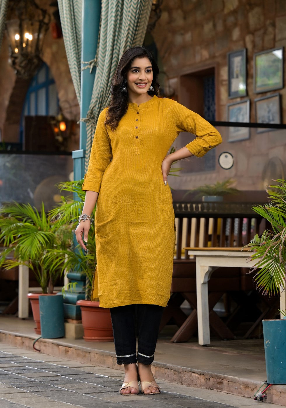 Juniper Women's Mustard Striped Printed Cotton Kurta With Button Detail