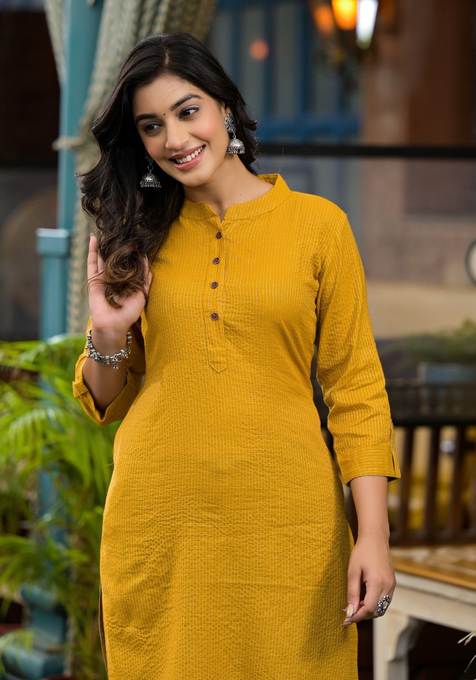 Juniper Women's Mustard Striped Printed Cotton Kurta With Button Detail
