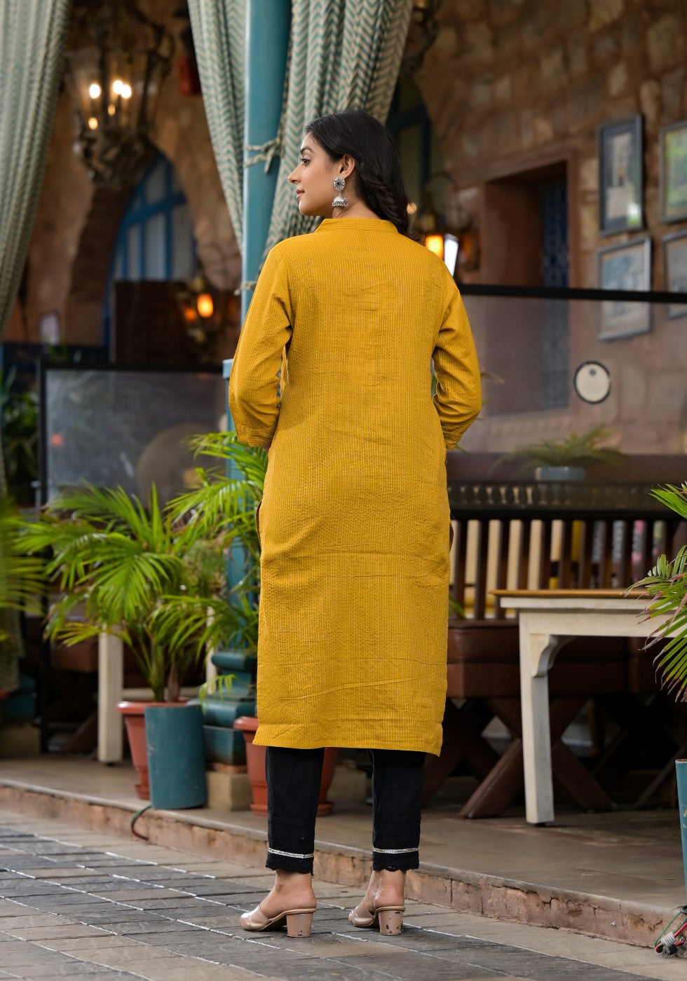 Juniper Women's Mustard Striped Printed Cotton Kurta With Button Detail