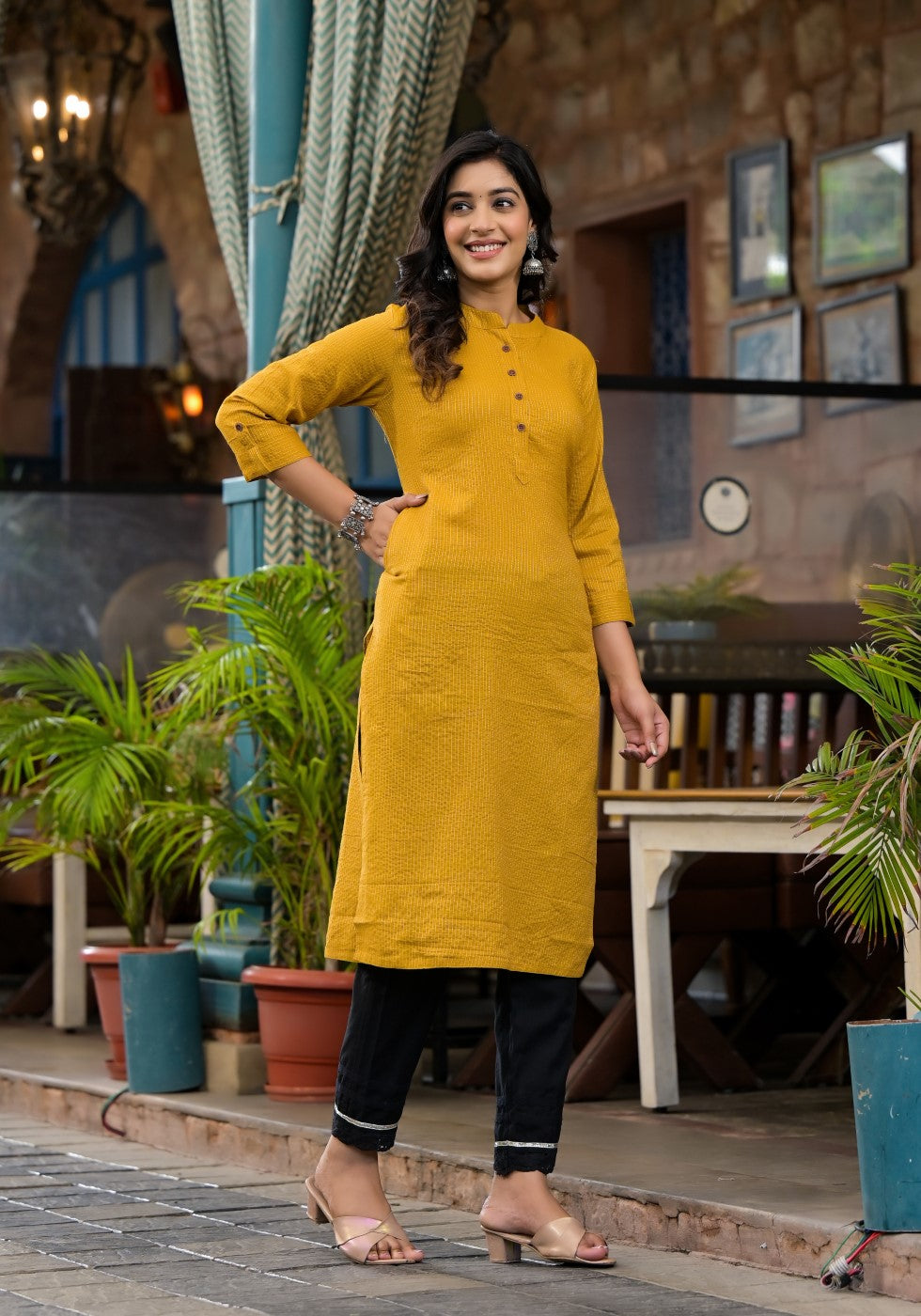 Juniper Women's Mustard Striped Printed Cotton Kurta With Button Detail