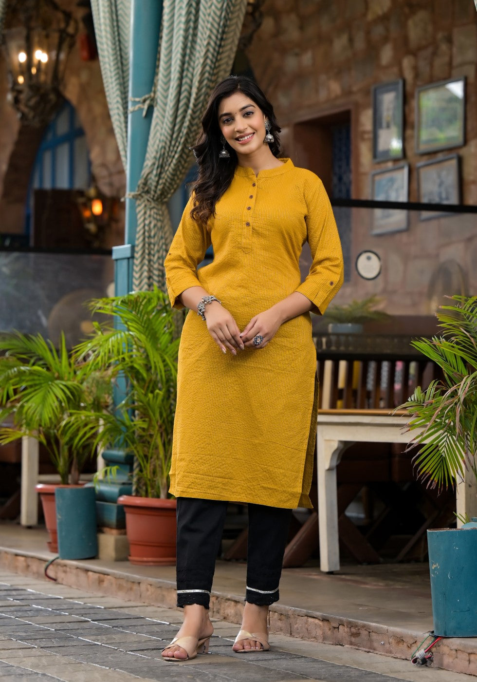 Juniper Women's Mustard Striped Printed Cotton Kurta With Button Detail