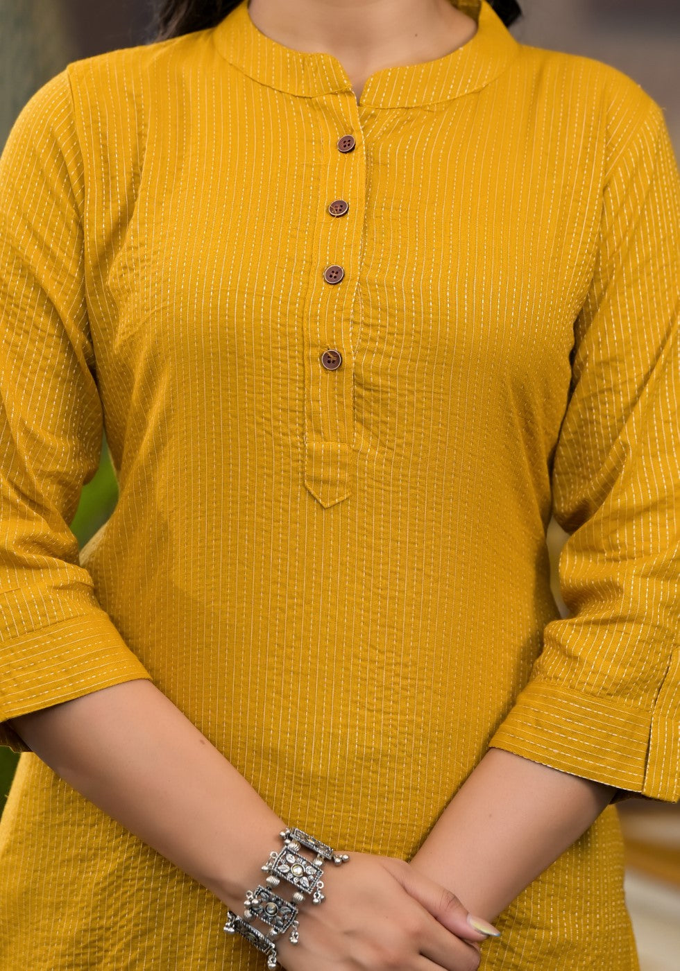 Juniper Women's Mustard Striped Printed Cotton Kurta With Button Detail