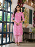 Juniper Women's Pink Floral Printed Cotton Kurta Set With Lace