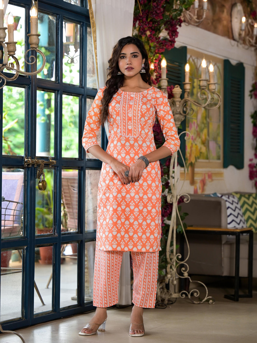 Juniper Women's Orange Ethnic Motif Printed Cotton Kurta & Pant Set With Lace