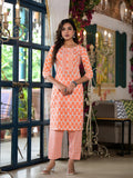 Juniper Women's Orange Ethnic Motif Printed Cotton Kurta & Pant Set With Lace