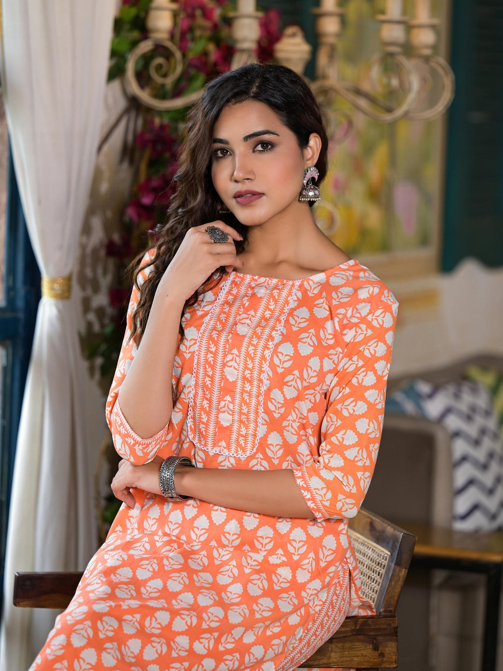 Juniper Women's Orange Ethnic Motif Printed Cotton Kurta & Pant Set With Lace