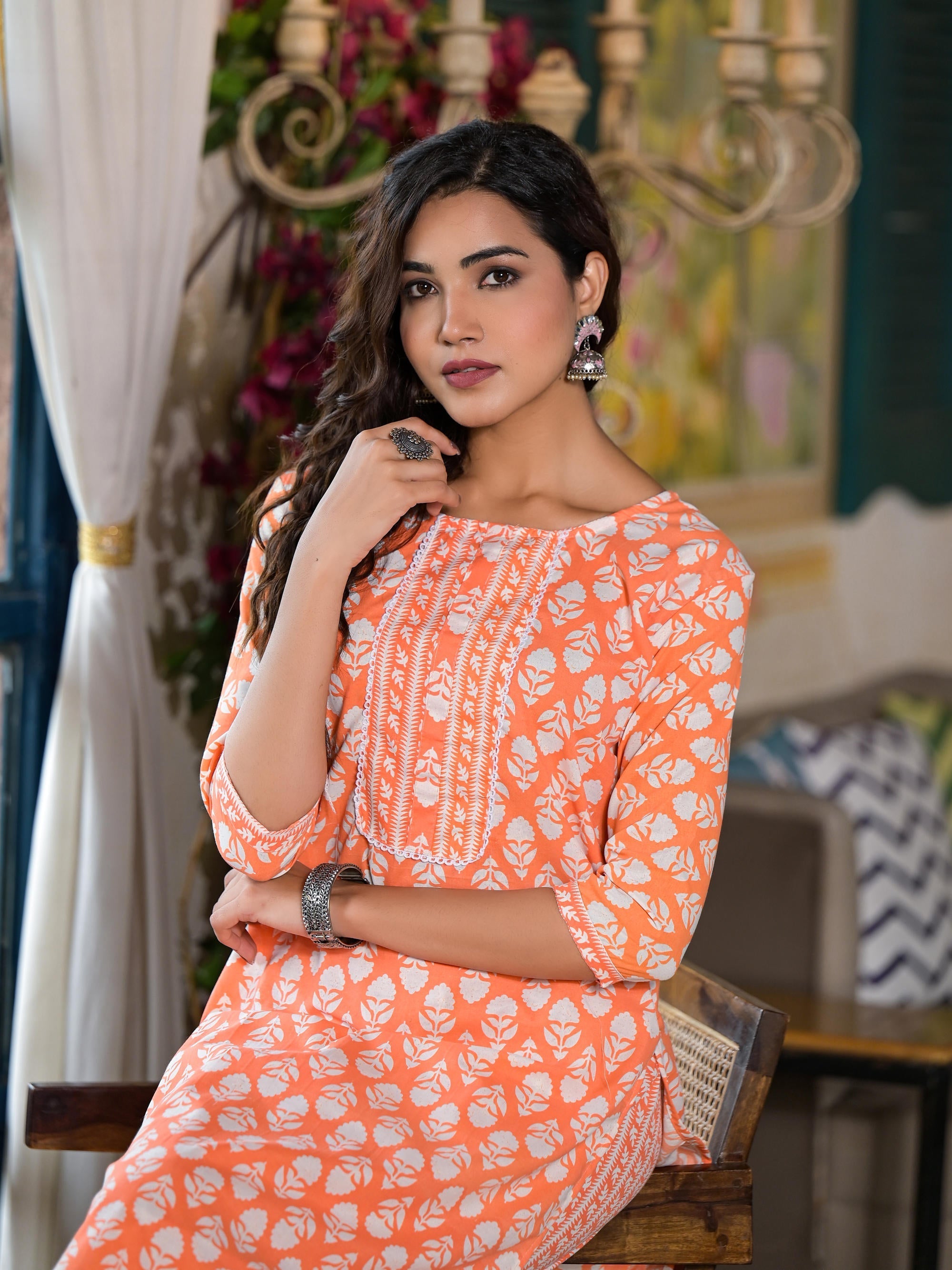 Juniper Women's Orange Ethnic Motif Printed Cotton Kurta & Pant Set With Lace