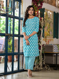 Juniper Women's Teal Ethnic Motif Printed Cotton Kurta & Pants Set With Lace
