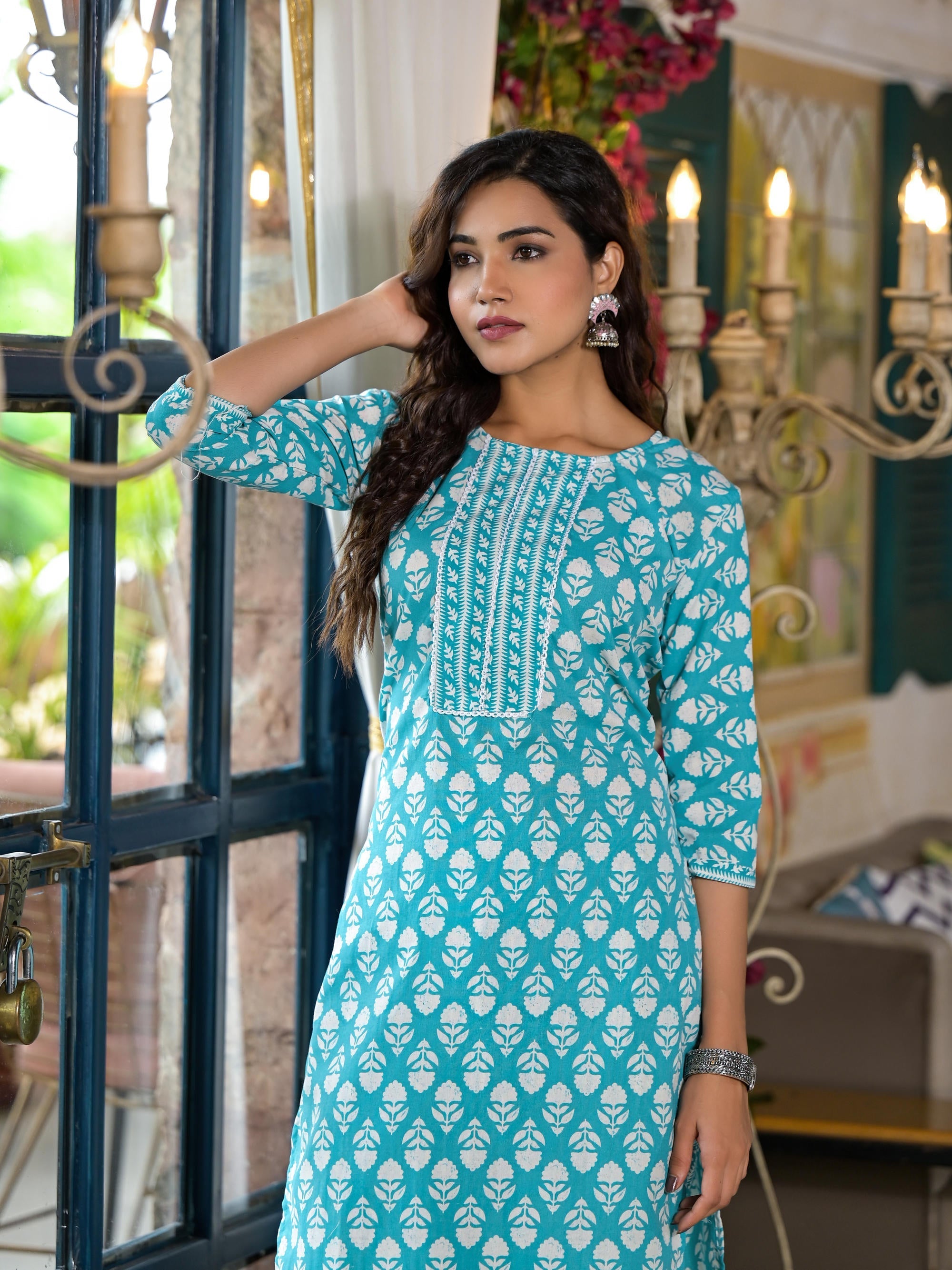 Juniper Women's Teal Ethnic Motif Printed Cotton Kurta & Pants Set With Lace