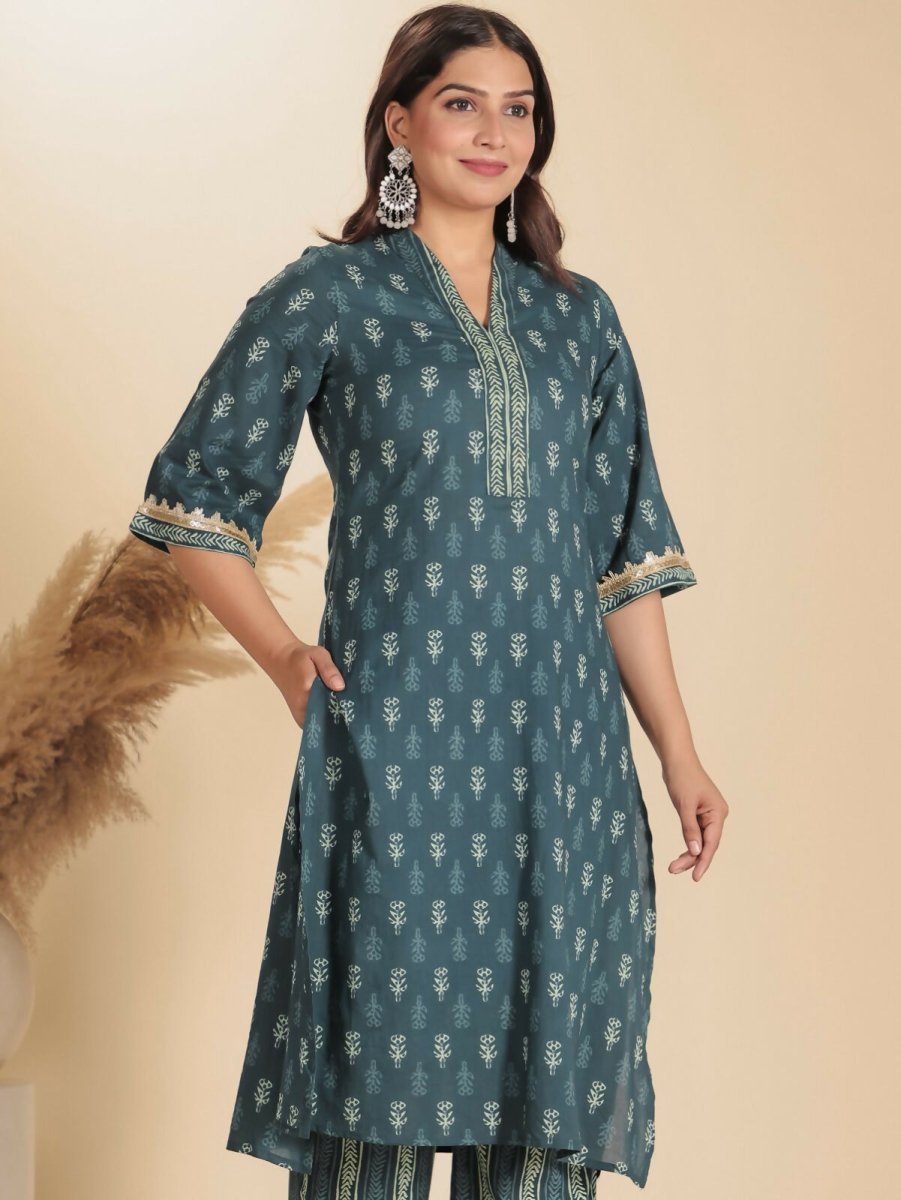 Aramya Blue Soft Cotton Block Straight Kurta for Women