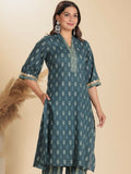 Aramya Blue Soft Cotton Block Straight Kurta for Women