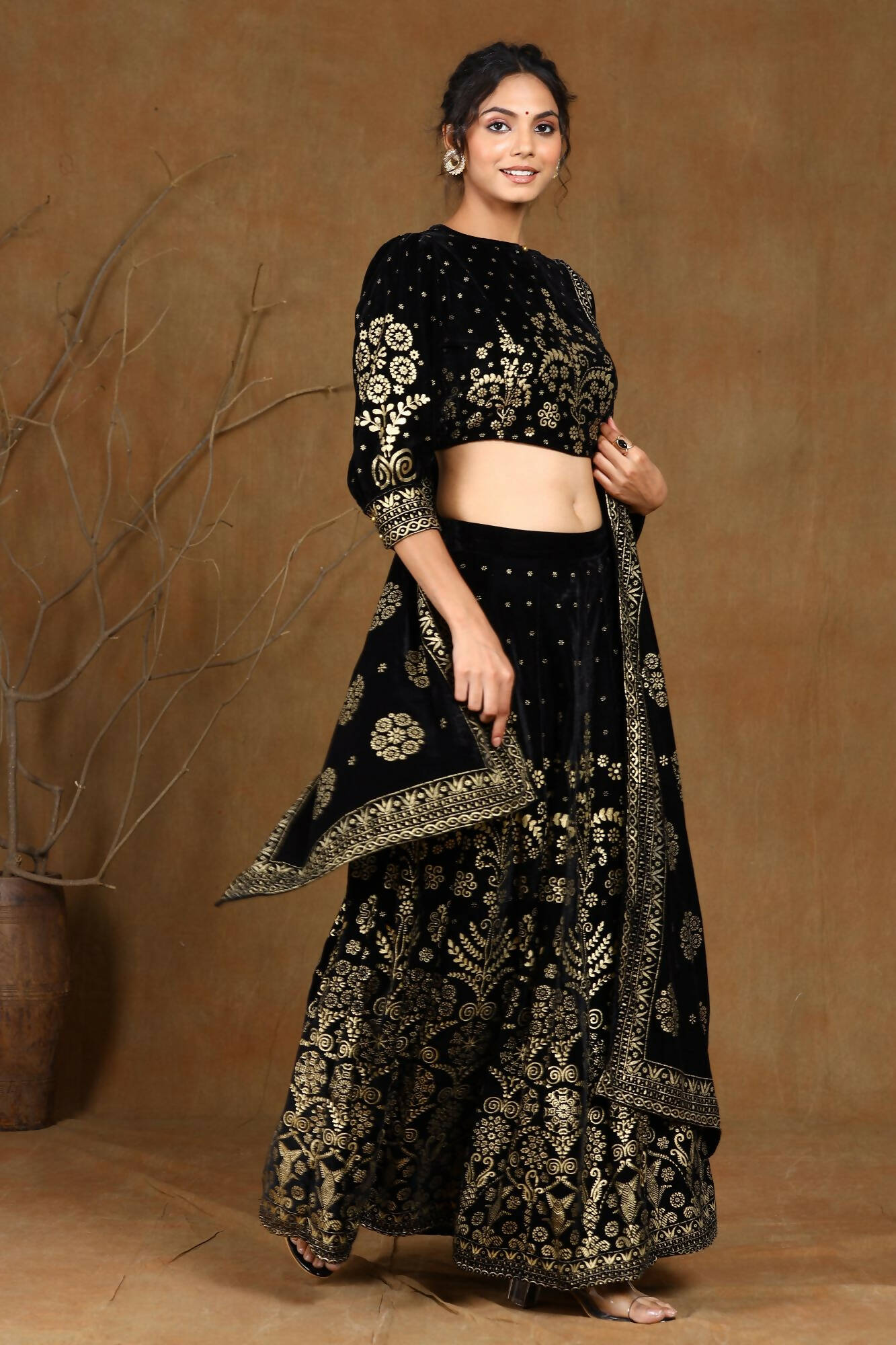 Juniper Women Black Velvet Printed Flared Lehenga Choli Sets
