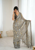 PR Fashion Grey Bright Moss Satin Patta Printed Saree