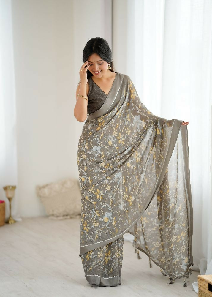 PR Fashion Grey Bright Moss Satin Patta Printed Saree