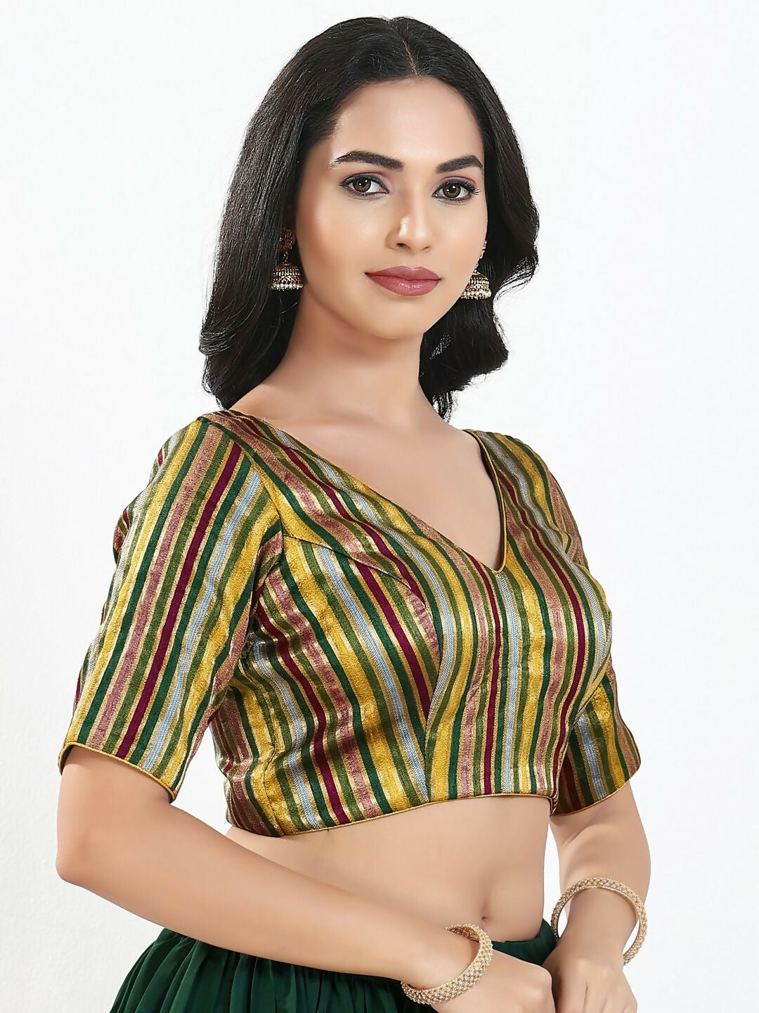 Joban Fashion Green Multi Brocade Padded Blouse With V Neck Elbow Sleeves
