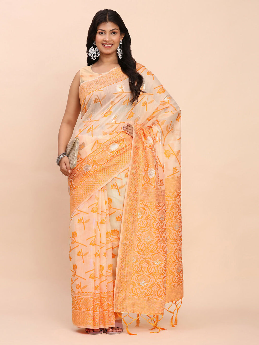 Shree Shyam Fashion Linen Cotton Orange Saree