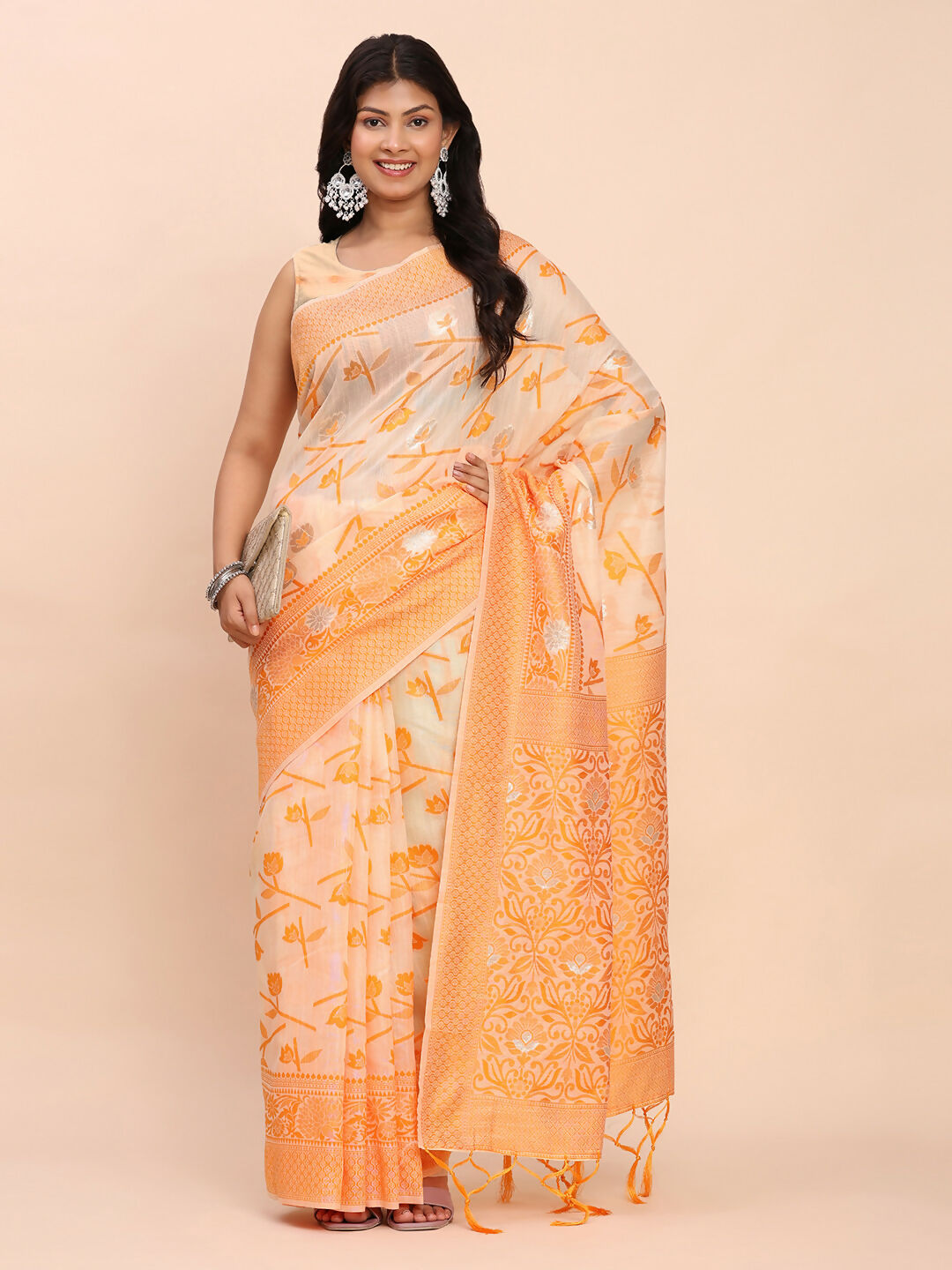 Shree Shyam Fashion Linen Cotton Orange Saree
