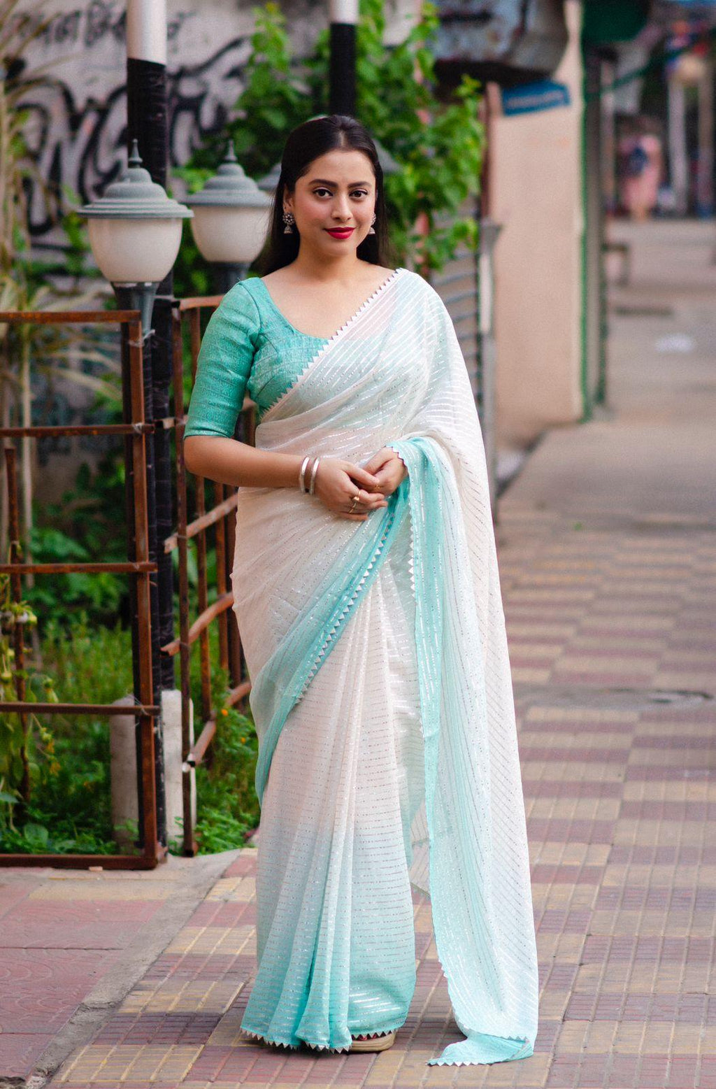 Green Poly Chiffon Striped Saree with Unstitched Blouse - A2M