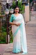 Green Poly Chiffon Striped Saree with Unstitched Blouse - A2M
