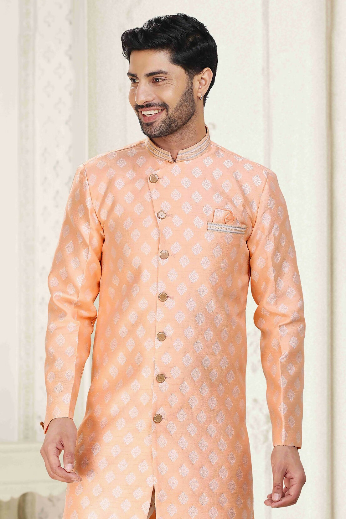 Raivat Ethnic Banarasi Jacquard Embroidery Semi Indo Western Sherwani In Peach Colour