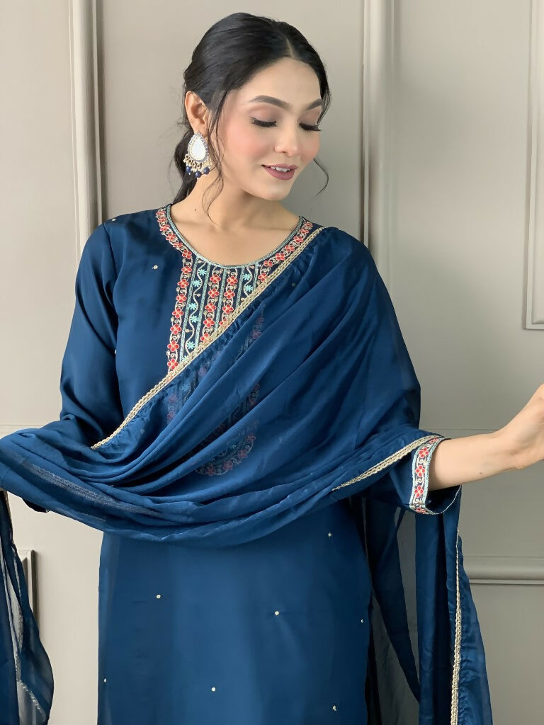 Blue Viscose Chanderi Stitched Suit With Dupatta - Tanisha
