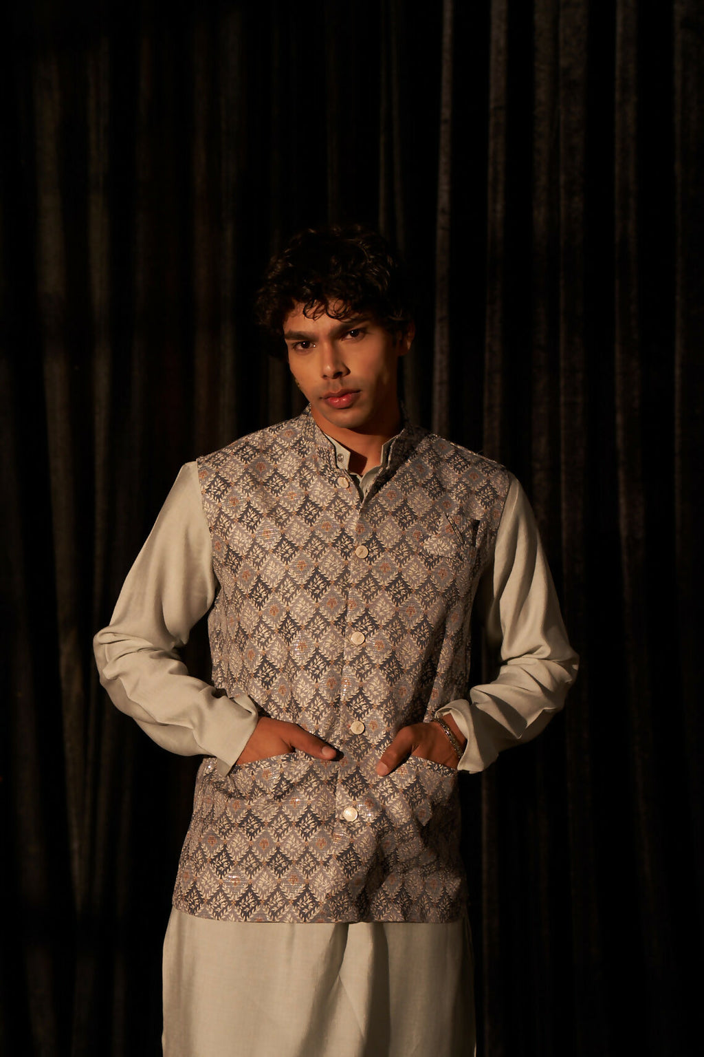 Grey Viscose Designer Printed Men's Kurta Set with Koti - Mahotsav