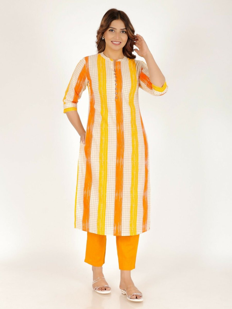Aramya Yellow Soft Cotton Checkered Print Straight Kurta Set for Women