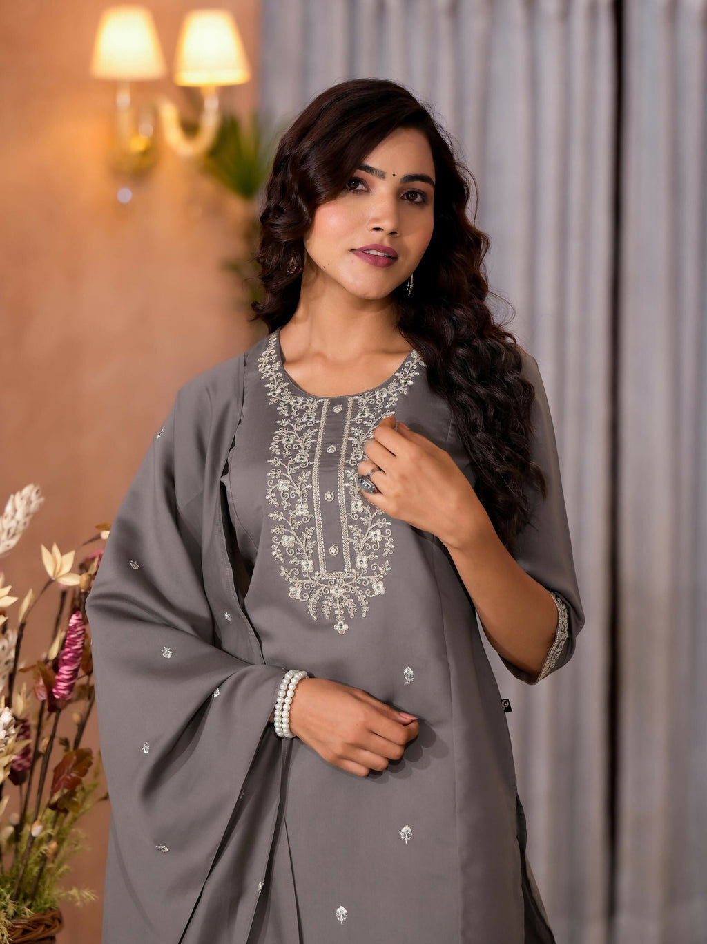 Juniper Women's Dark Grey Zari Embroidered Viscose Kurta Pant And Dupatta Set