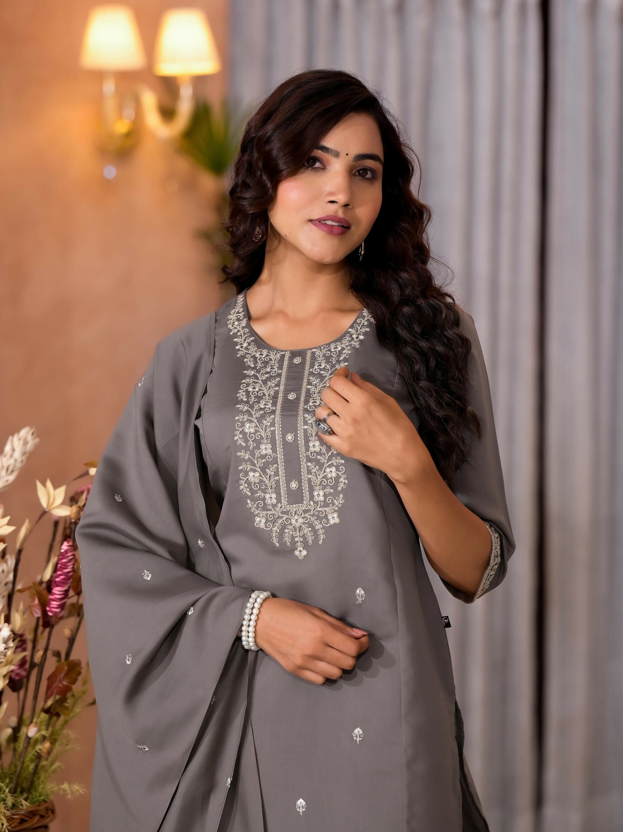 Juniper Women's Dark Grey Zari Embroidered Viscose Kurta Pant And Dupatta Set