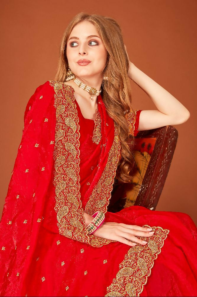PR Fashion Red Fendi Two Tone Silk Heavy Zari Embroidery Work With Heavy Siroski Work Saree