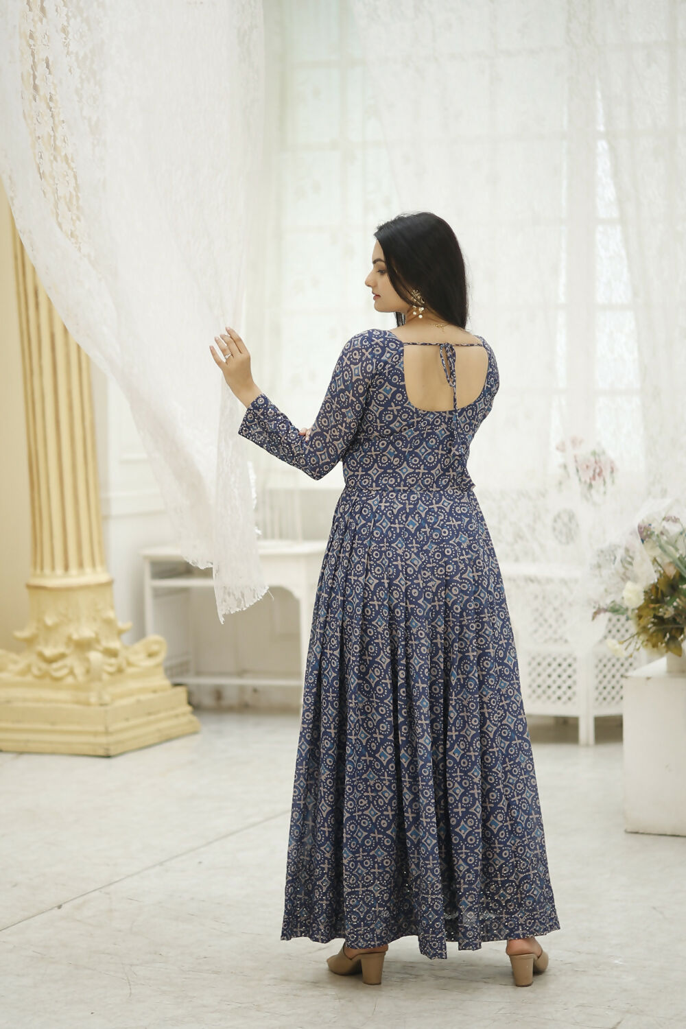 Aayaa Printed Faux Georgette with Embroidery Thread Sequins work Gown - Multi Color