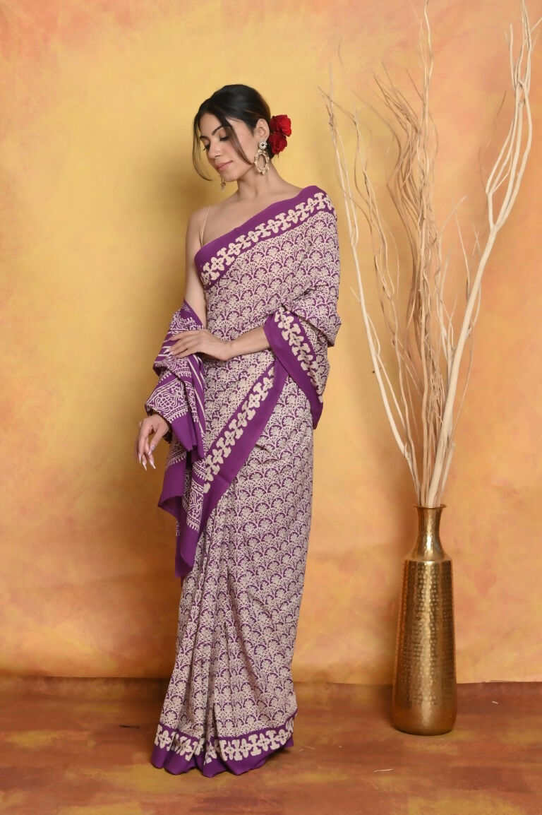 Very Much Indian Handblock Printed Cotton Saree With Natural Dyes - White