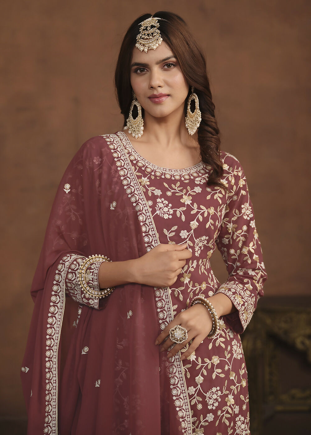 Faux Georgette Taupe Mauve Embroidered Festive Salwar Suit - Emponline
