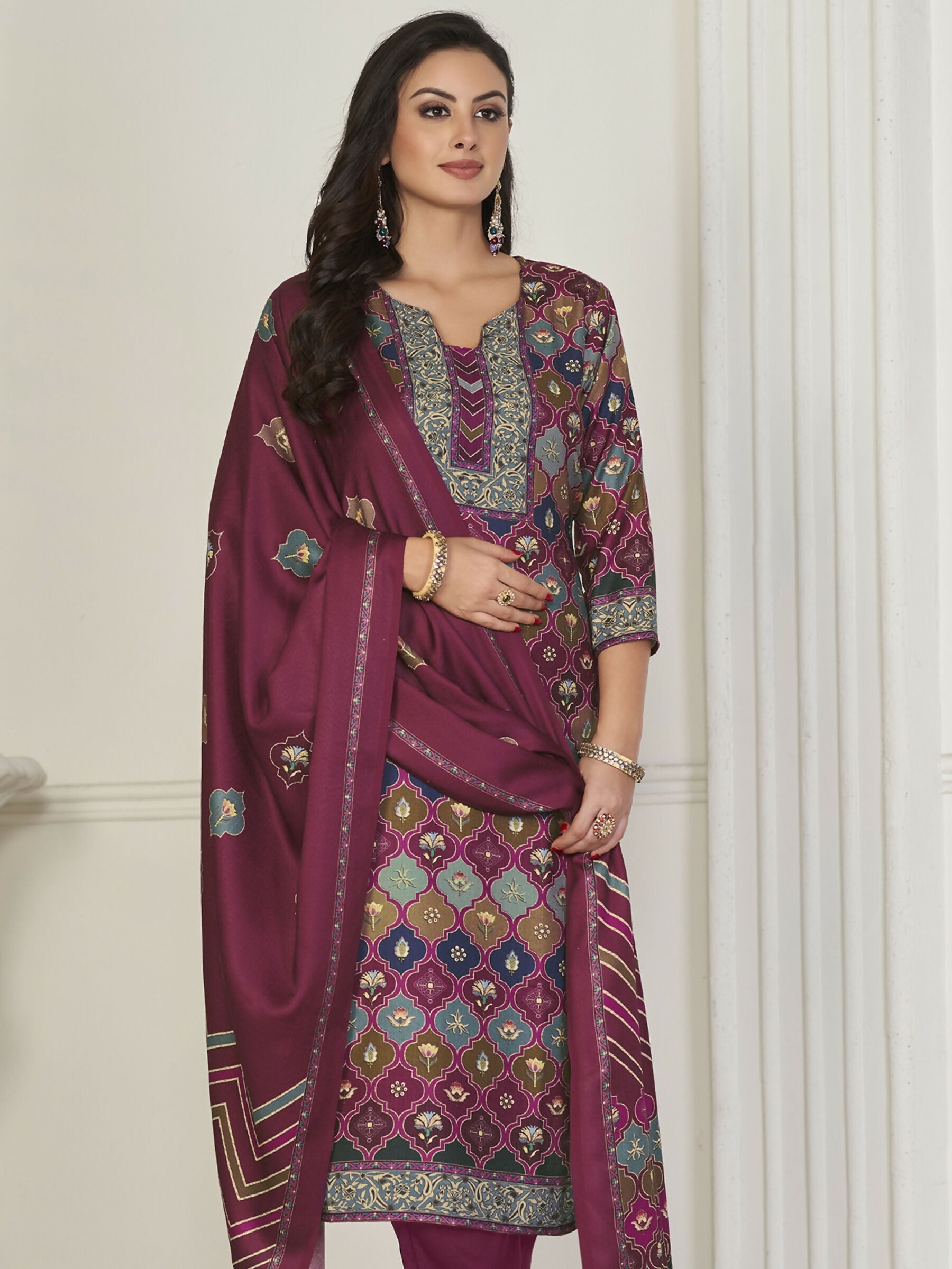Jyoti Fashion Women's Multicolor Pashmina Digital Printed Kurta with Trouser & Dupatta