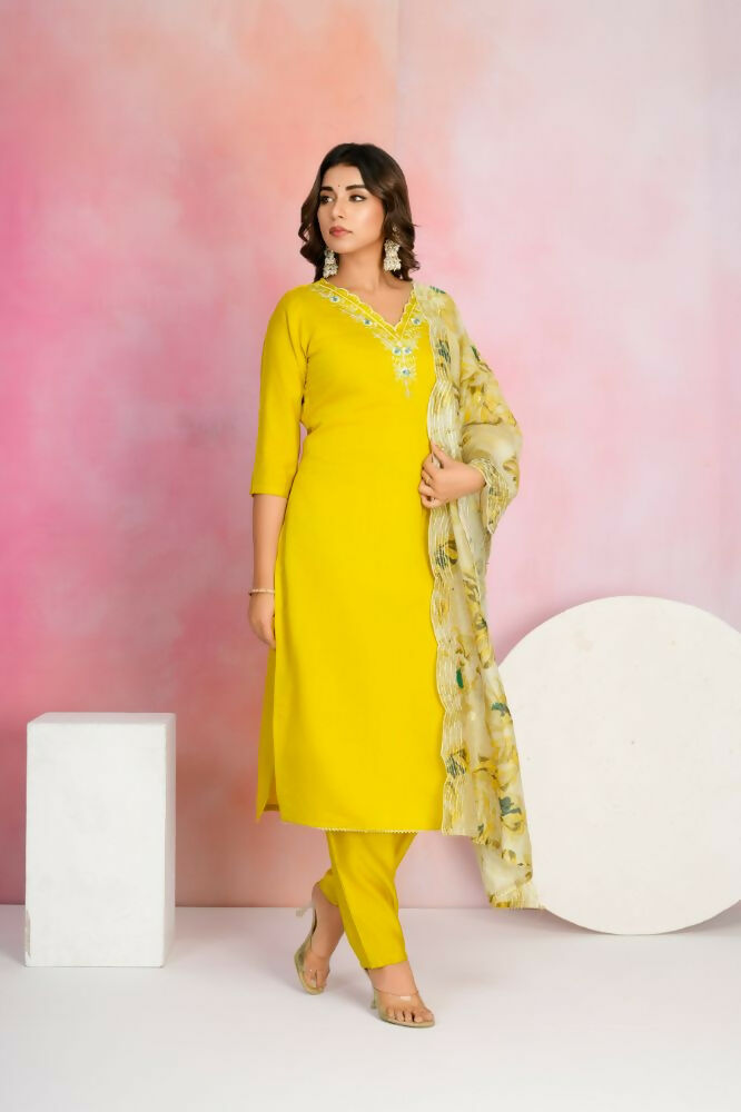 Ethnic Festive Wear Viscose Chanderi Yellow Stitched Suit With Dupatta - Tanisha