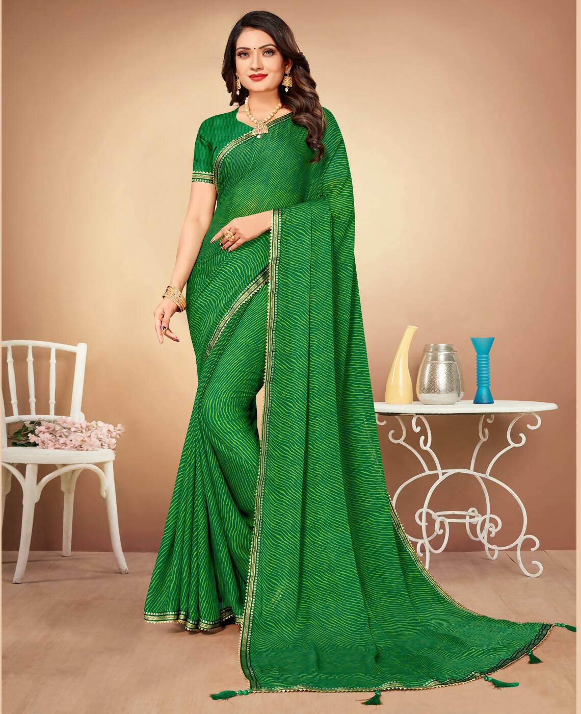 Green Chiffon Leheriya Printed Saree With Unstitched Blouse Piece - Swarna