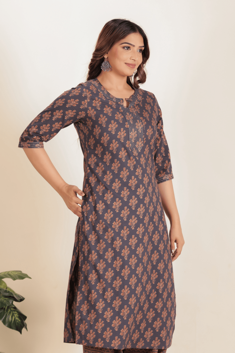 Aramya Straight Soft Cotton Floral Print Women's Kurta - Grey