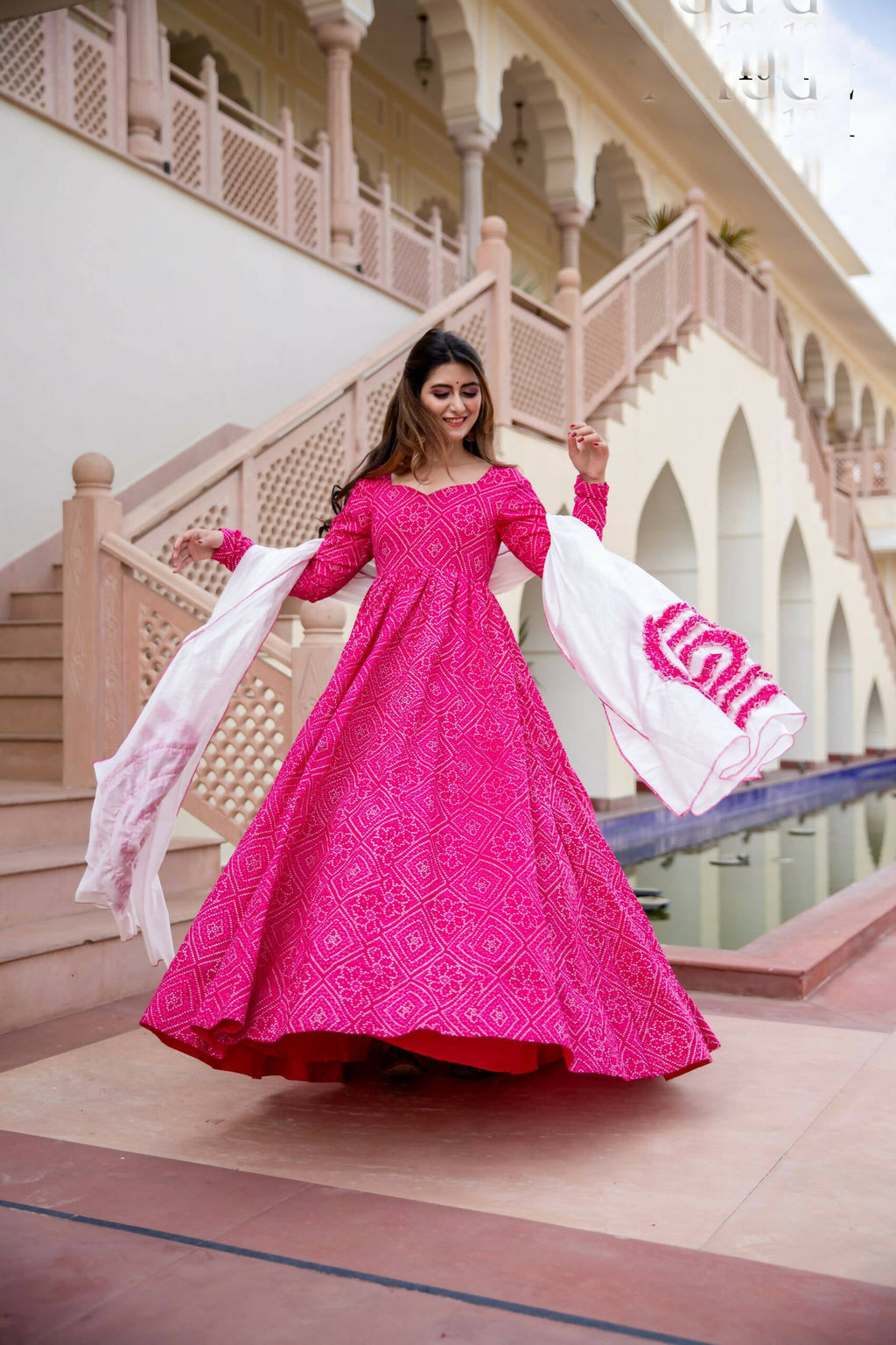 Pink Pure Maslin Bandhej Print Work Stitched Suit With Dupatta - Anbazaar