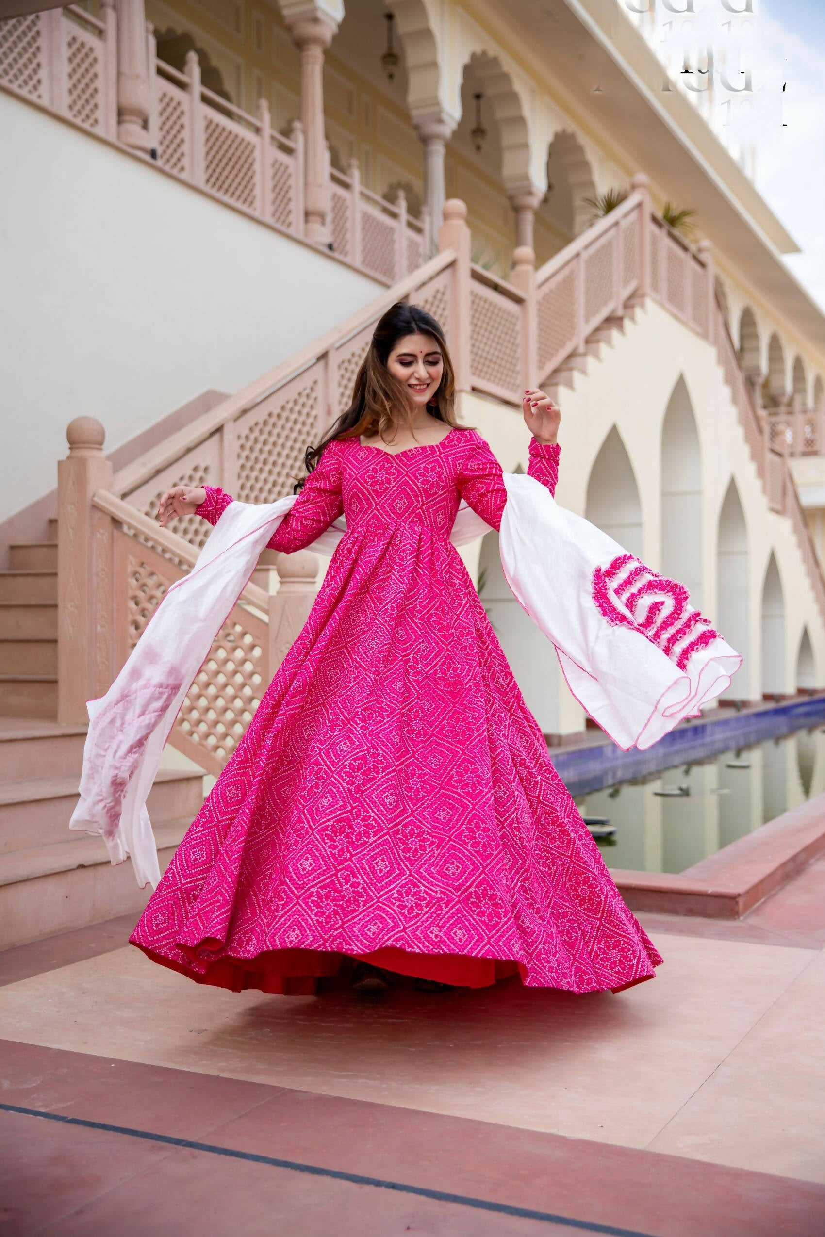 Pink Pure Maslin Bandhej Print Work Stitched Suit With Dupatta - Anbazaar