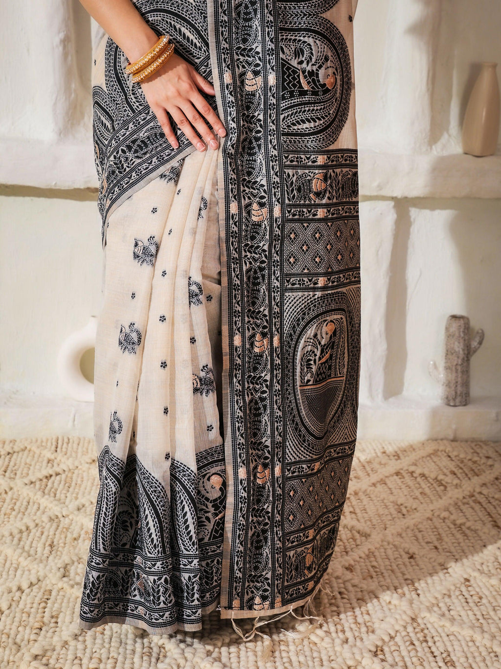 Shree Shyam Fashion Linen Cotton Black & Cream Saree