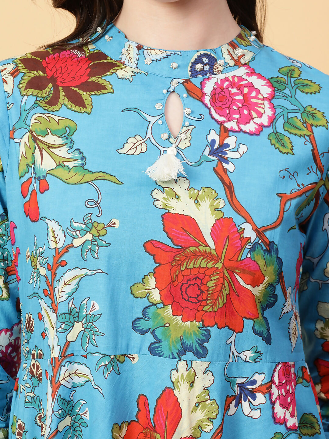 Joban Fashion Turquise Blue Cotton Printed & Hand Work Dress