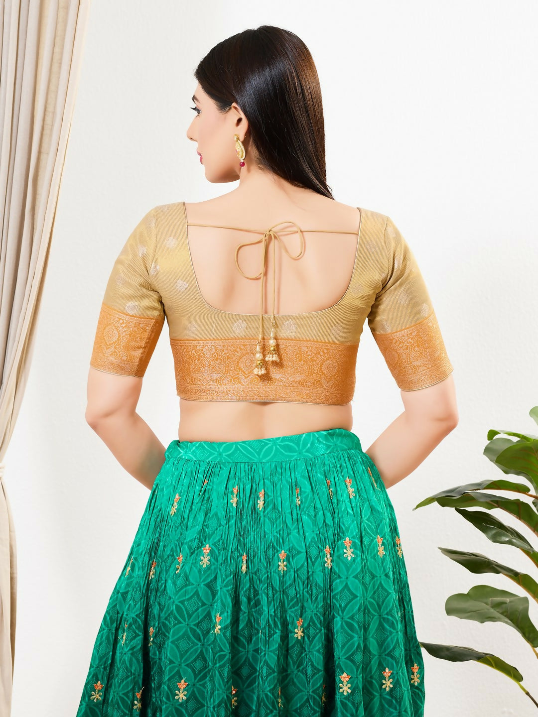Joban Fashion Gold Tissue Padded Blouse With Round Neck Elbow Sleeves